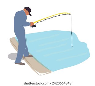 Fishing sport, outdoor summer recreation, leisure time. Cartoon people fishing. Fishermen at river bank. Vector illustration.  Man Character catching fish. Leisure pastime. Outdoors. Wildlife.