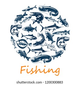 Fishing sport, of sea and ocean fish for fisherman catch or sport adventure theme. Vector scad or horse mackerel, scomber or anchovy and tuna, sardine and sea bass, dorada bream fish