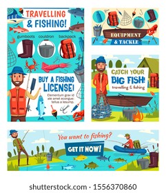 Fishing sport tackle and equipment vector design with fishermen, fish, fishing rods and nets. Anglers, boats, hooks, baits and lure, river carp, hike and perch, blue marlin, tuna and salmon