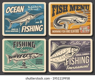 Fishing sport tackle, fish and seafood vector posters of fisherman competition. Ocean blue marlin, bass or carp, river pike and catfish, fishing rods, hooks, spinning reel and lure, bait and floats