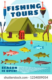 Fishing sport tour, vector fisher and fish. Fisherman standing with rod near camp with boat and tent, backpack and campfire pot, boots and baits. Herring and trout, catfish and carp