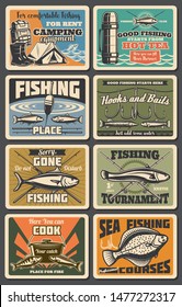 Fishing sport, tourism and camping equipment retro posters with vector fish, fishing camp tent, salmon and flounder, backpack, campfire pot and fisherman boots. Outdoor activity and hobby themes