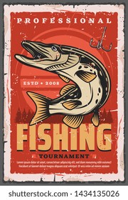 Fishing sport tournament retro poster with vector fish, fisherman equipment and tackle. Pike fish and fisher hook with forest trees on background. Sporting competition, outdoor activity hobby design