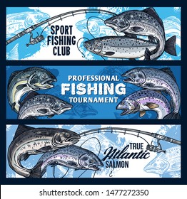 Fishing sport tournament vector banners with fishing rods and fish sketches. Salmon on hook of spinning, fisherman sport club competition design