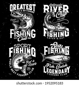 Fishing sport t-shirt prints of salmon, pike, tuna. Sketch vector fishing club, marine or freshwater fish symbols for t-shirt. Fishing sport engraved prints of apparel design