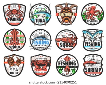 Fishing sport vector badges with isolated icons of fish, seafood, fisherman tackle, fishing boats and net. Tuna, marlin, crab and squid, shrimp, octopus, sea turtles and prawn, fisherman club emblem