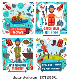 Fishing sport vector posters of fishermen, fish catch and equipment. Fishers with fishing rods, boats and nets, hooks, baits and tackle, sea marlin, river salmon and tune, lake carp, trout and seafood