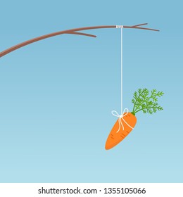 Fishing Stick With Hanging Carrot, Motivation Concept. Vector Illustration On Blue Background