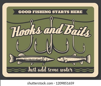 Fishing store advertisement retro poster, rod hooks and baits, big fish catch. Vector fisherman tackles. Pike, salmon or carp fishery and sport adventure. Vintage signboard