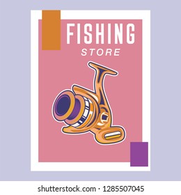 Fishing store advertisement retro poster, rod hooks and baits, big fish catch. Vector fisherman tackles