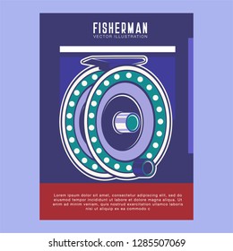 Fishing store advertisement retro poster, rod hooks and baits, big fish catch. Vector fisherman tackles