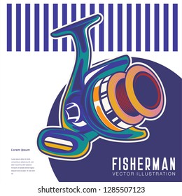 Fishing store advertisement retro poster, rod hooks and baits, big fish catch. Vector fisherman tackles