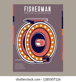 Fishing store advertisement retro poster, rod hooks and baits, big fish catch. Vector fisherman tackles