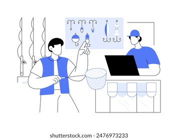 Fishing store isolated cartoon vector illustrations. Smiling man makes purchase in fishing store, people shopping, spinning on sale, hunting gear shop, buyin a line vector cartoon.