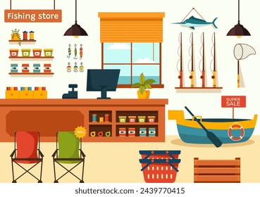 Fishing Store Vector Illustration with Selling Various Fishery Equipment, Bait, Fish Catching Accessories or Items on Flat Cartoon Background