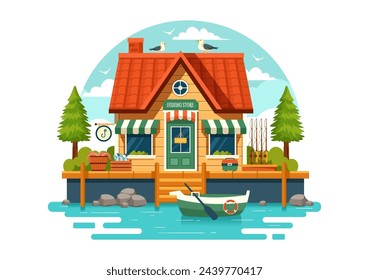 Angelgeschäft Vektor-Illustration mit Verkauf von verschiedenen Fischereiausrüstung, Köder, Fischfang-Zubehör oder Artikel auf flachem Cartoon-Hintergrund
