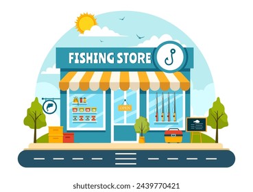 Fishing Store Vector Illustration with Selling Various Fishery Equipment, Bait, Fish Catching Accessories or Items on Flat Cartoon Background