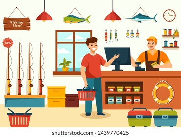 Ilustración vectorial de la tienda de pesca con la venta de diversos equipos de pesca, cebo, accesorios de captura de peces o artículos sobre fondo plano de dibujos animados