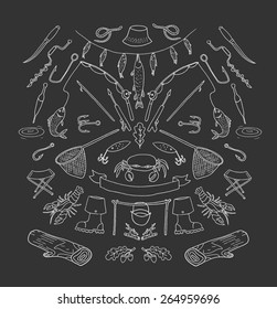 Fishing stuff in doodle style. Hand drawn illustration. Isolated