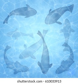 Fishing. Summer background with fish. Fish set. Texture of water surface. Overhead view. Vector illustration nature background.