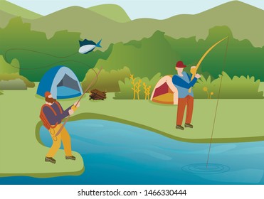 Fishing Summer Hobby Flat Vector Illustration. Male Friends Angling in Recreation Park Lake. Fishermen Camping, Leisure Activity, Pastime. Cartoon Anglers Holding Rod, Catching Fish