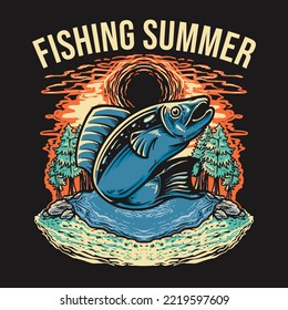 Fishing Summer Retro Vector Illustration