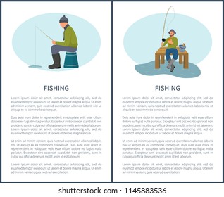 Fishing in summer and in winter vector illustration. Sitting fishers on platform and seat with fish-rod and fish, full bucket and tackle, sport theme