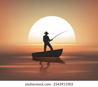 Pôr do sol de pesca. Pescador em barco no fundo do mar de pôr do sol ilustração do vetor