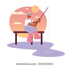 Angeln in Sonnenuntergang flach Vektorgrafik. Afroamerikanischer Fischer auf Dock-2D-Cartoon-Charakter auf weißem Hintergrund für Web-UI-Design. Fische auf See einzeln auf bearbeitbarem kreativem Heldenbild
