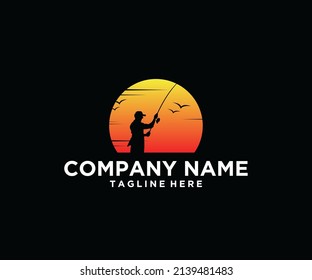 fishing sunset logo design silhouette illustration