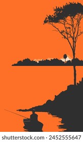 Fishing sunset portrait landscape asthetic book cover silhouette wallart poster banner wallpaper background rural peace orange color