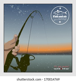 Fishing At Sunset. Retro Poster