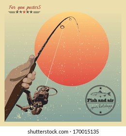 Fishing at sunset. Retro poster