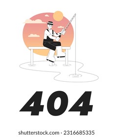 Pesca en el vector de puesta de sol con ilustración de estado vacío. No se encontró la página editable 404 para UX, diseño de interfaz de usuario. Pescador en muelle aislado de carácter monocromático plano sobre blanco. Mensaje de flash de error para el sitio web