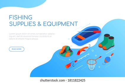 Fishing supplies and equipment - modern colorful isometric web banner with copy space for text. Hobby, recreation, leisure idea. Fish, rubber boots, rod, boat and puddle, landing net, hat illustration