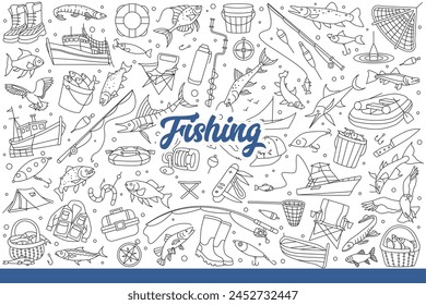 Fishing supplies and fish or boats and tents for fishermen interested in active hobbies. Set on theme of fishing with accessories for design of magazine for fans of sportfishing. Hand drawn doodle