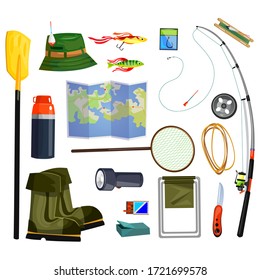 Fishing Supplies Set And Essential Equipment Vector Illustration. Map Green Boots Flashlight Thermos Matchbook And Other Cartoon Design. Active Rest Concept. Isolated On White Background