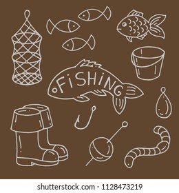 Fishing tackle. Boots, bucket, fish, worm.