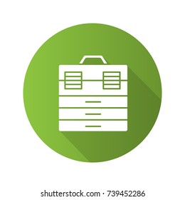Fishing tackle box flat design long shadow glyph icon. Toolbox. Vector silhouette illustration