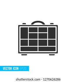 Fishing tackle box icon in flat style, silhouette isolated on white background. Vector illustration.