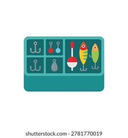 Fishing tackle box with lures and hooks flat vector illustration