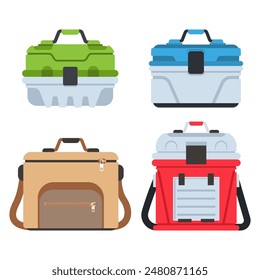 Fishing tackle boxes vector cartoon set isolated on a white background.