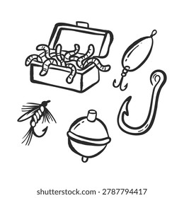 Fishing tackle doodle set in hand drawn outline style. Hook, float, bait, lure, worm and gear elements. Minimal vector illustration for angling, outdoor hobby and nature design.