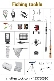 Fishing tackle flat icon set Fishing rod, bait, lure, net and other gear, supplies and equipment abstract vector illustration