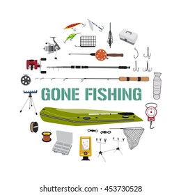 Fishing tackle flat icon set in circle shape. Fishing boat, rod, bait, lure and other gear and supplies abstract vector illustration. Gone fishing design concept for banner, t-shirt, advertisement.