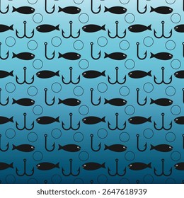 Fishing tackle hook. Seamless fishing hook pattern with fish on underwater ocean background