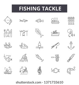 Fishing tackle line icons, signs set, vector. Fishing tackle outline concept, illustration: fishing,tackle,fish,rod,sport,equipment,bait