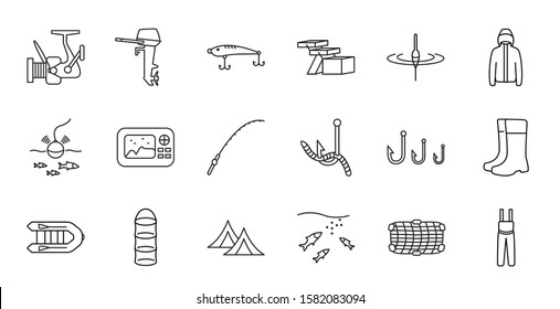 Fishing tackle line vector icon set. Everything for fishing. Hook, lure, reel, bobber, outboard motor, fathometer, fishfinder, clothes . For online store design.