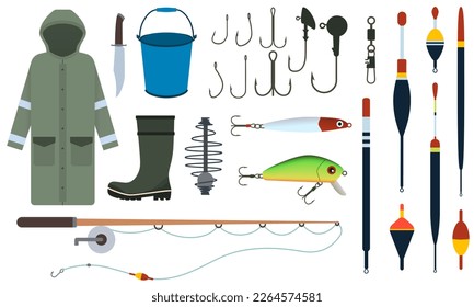 Fishing tackle: fishing rod, hook, float, lure and fishing clothes. Set of color vector illustrations for outdoor activities isolated on white background.