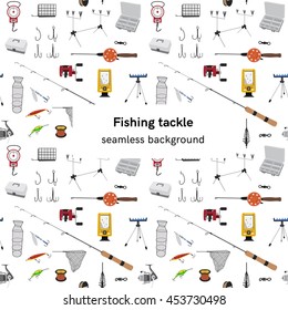 Fishing tackle seamless vector pattern Fishing rod, bait, lure and other gear and supplies Flat style vector background